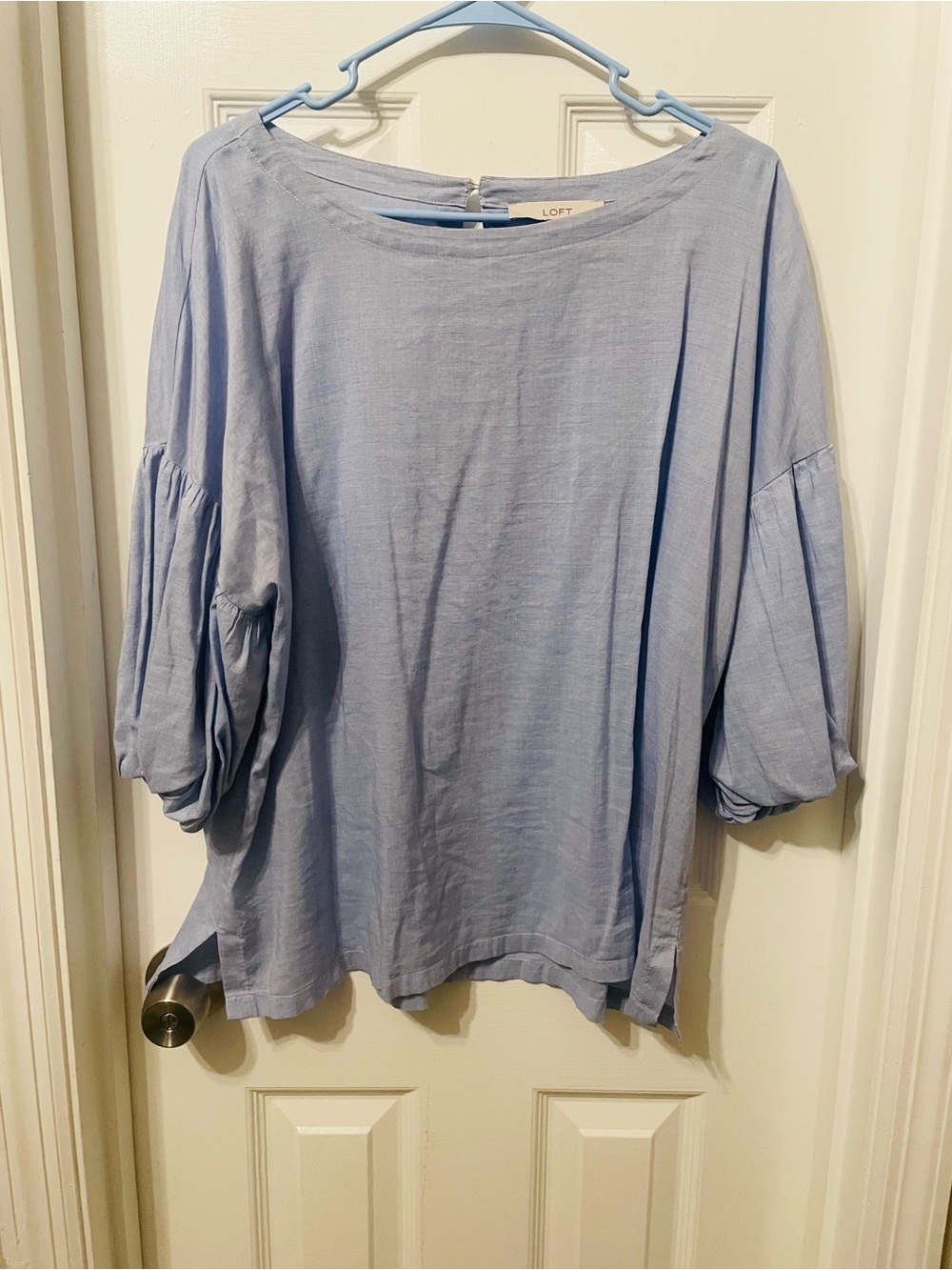 LOFT Soft Blue Balloon-Sleeve Linen Blend Top